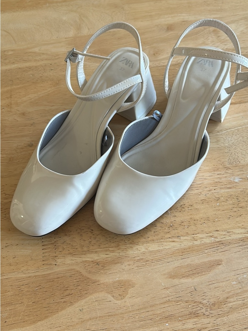 ZARA Cream Patent Block Heel Ankle-Strap Pumps
